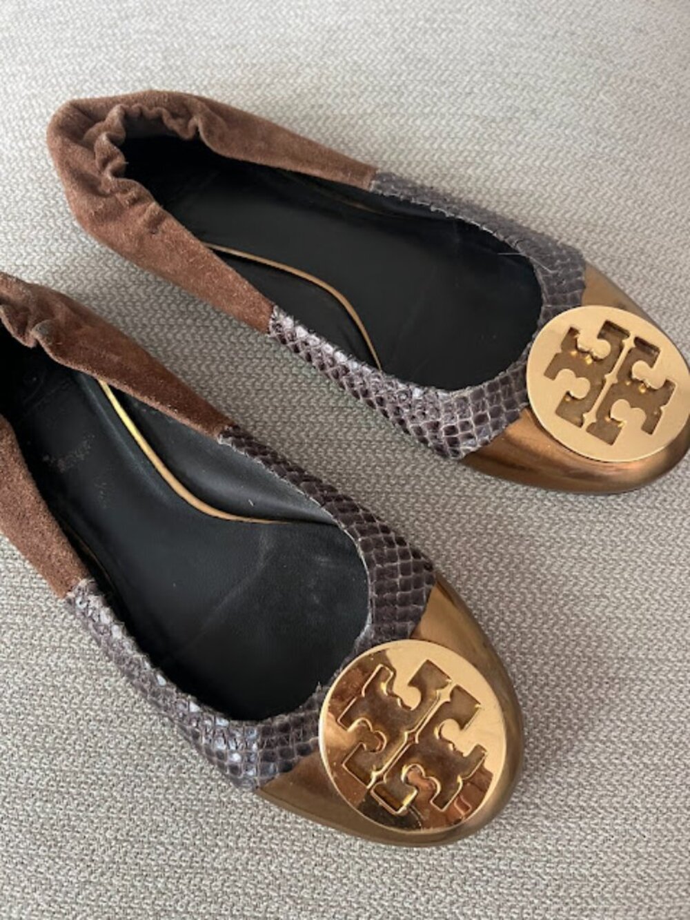 Tory Burch Brown Gold Reva Round Toe Slip On Ballet Flats Shoes Size 9M - Picture 9 of 15